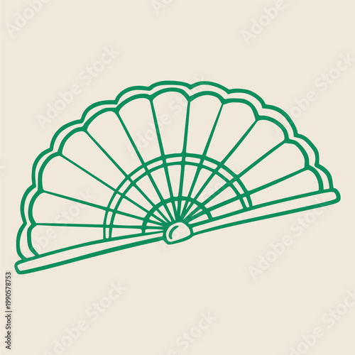 Green decorative hand fan illustration with a scalloped design and a central handle, set against a light beige background for artistic and cultural applications
