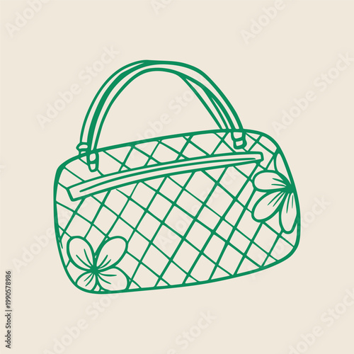 Green illustrated handbag with floral designs and a quilted pattern, featuring two handles and a zipper, set against a light beige background