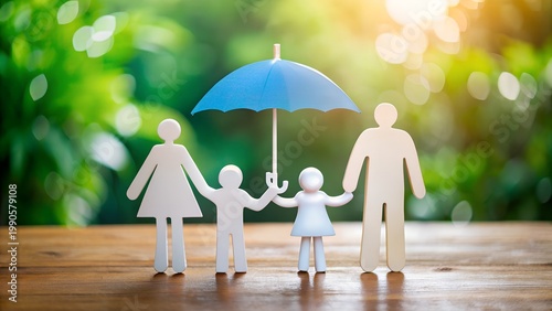 A family of four paper cutouts standing together under a blue umbrella on a wooden table outdoors