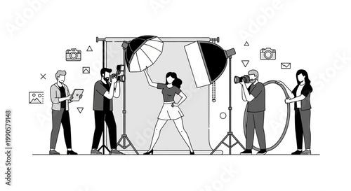 Professional photo shoot with model and crew.