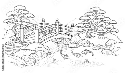 Japanese garden scene koi pond bridge pine trees tranquil black and white vector illustration isolated on white