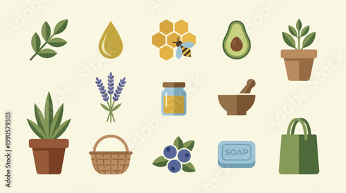 Collection of natural skincare and food icons.