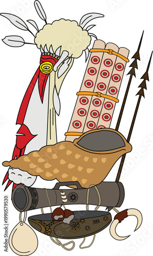 Papua New Guinea Tribal Headdress Illustration with Traditional Ornament and Spear