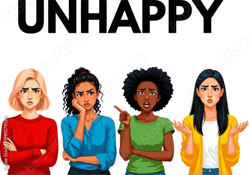 Isolated a realistic kinds of deferent dissatisfied woman vector art with white background..