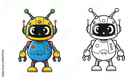 Cute Cartoon Robot Character Illustration and Black and White Outline Coloring Page for Kids Education and Fun Activities