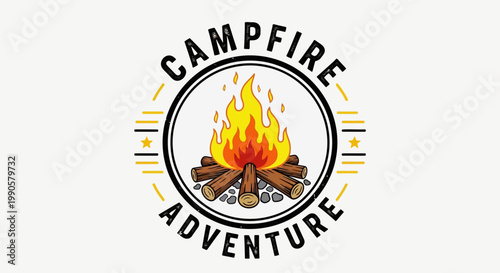 Campfire adventure logo with flame.