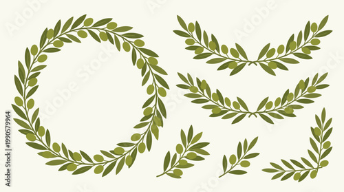 Laurel wreath and leaves decorative elements.