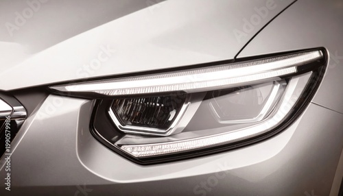 Close-up of a modern car headlight design with LED lighting.