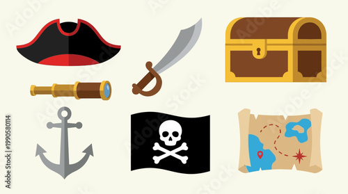 Pirate symbols and treasure icons set.