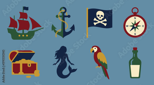 Colorful nautical icons and symbols.