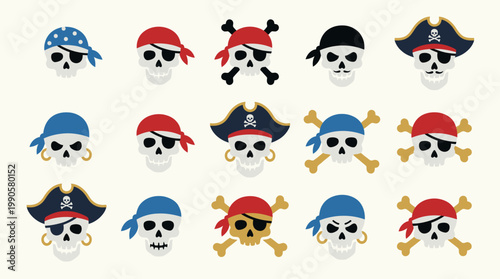 Pirate skulls with various hats and accessories.