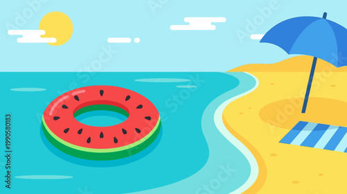 Summer vacation beach scene with inflatable watermelon float.