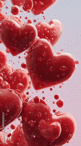 Floating Red Hearts with Water Droplets on Soft Background