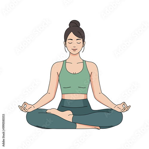 Peaceful young woman meditating in yoga lotus pose practicing mindfulness for wellness and inner calm