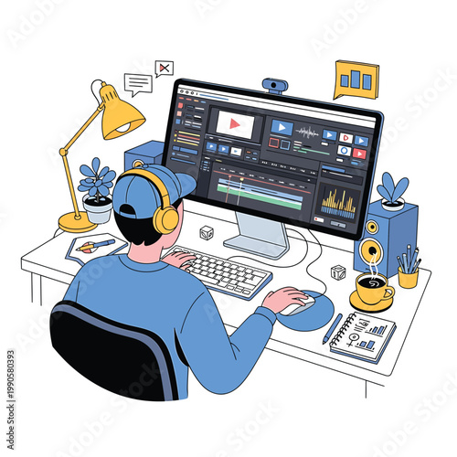 Video Editor Working on Computer in Creative Home Office with Digital Media Software