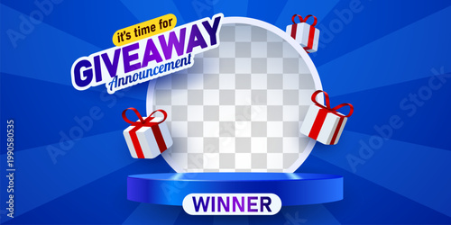 Creative giveaway announcement banner with stage and gift boxes, perfect for online promotions. Vector illustration.
