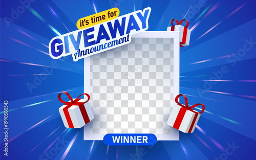 Giveaway Announcement Template featuring a blank photo frame and gift boxes for contests. Vector illustration.