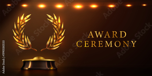 Elegant award ceremony background with golden laurel wreath and text on a dark, spotlighted background. Vector illustration.