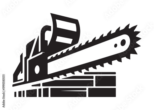 chainsaw cutting logo silhouette vector, chainsaw silhouette logo design illustration, chainsaw silhouette powerful vector design, woodcutter with chainsaw logo silhouette vector on white background