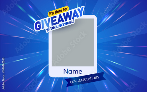 Giveaway Announcement Template on Dynamic Blue Background, featuring a winner placeholder and a congratulations ribbon. Vector illustration