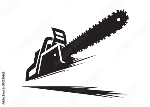 chainsaw cutting logo silhouette vector, chainsaw silhouette logo design illustration, chainsaw silhouette powerful vector design, woodcutter with chainsaw logo silhouette vector on white background
