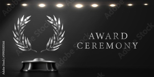 Luxury award ceremony stage with silver laurel wreath and podium under spotlights for recognition. Vector illustration