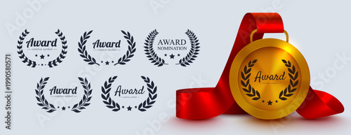 Premium golden award medal and laurel wreath vector collection for recognition, victory, and success. Vector illustration.