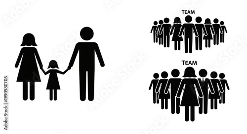 Family and Teamwork Silhouettes Representing Unity and Collaboration.