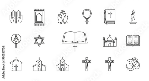Collection of Religious Symbols and Places of Worship Icons.