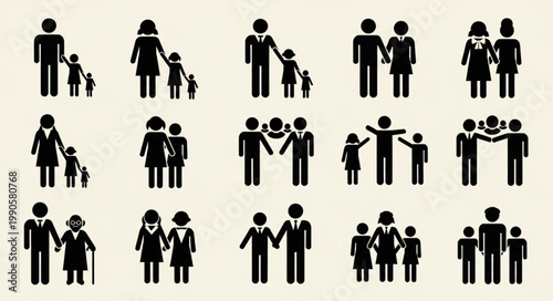 Collection of Diverse Family Silhouettes Representing Different Generations.