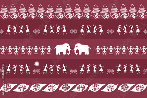 Seamless tribal pattern inspired by Warli art, featuring village life, animals, rituals, and nature in minimal white silhouettes on earthy background, ideal for textiles, prints, and decorative design