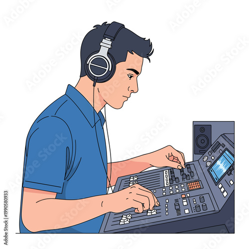 Professional Sound Engineer Mixing Audio on Console Wearing Headphones