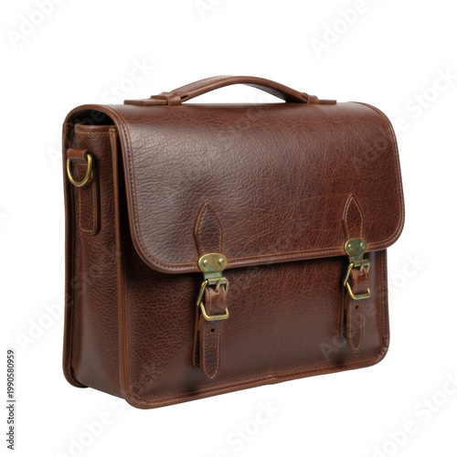 Dark brown vintage leather messenger bag with rugged grain, tarnished brass hardware, and detailed stitching isolated on a white background, timeless utility concept