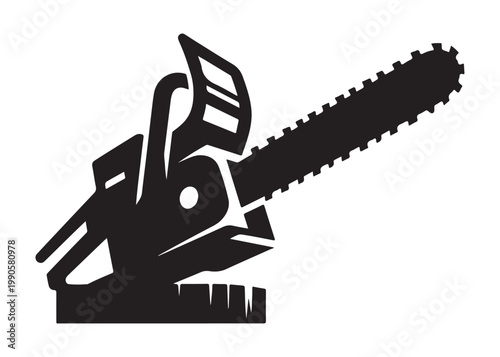 chainsaw cutting logo silhouette vector, chainsaw silhouette logo design illustration, chainsaw silhouette powerful vector design, woodcutter with chainsaw logo silhouette vector on white background