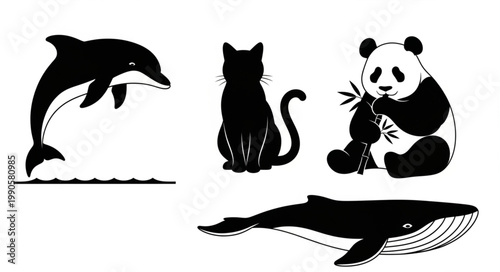 Collection of Silhouetted Animals Including Dolphin Cat Panda and Whale.