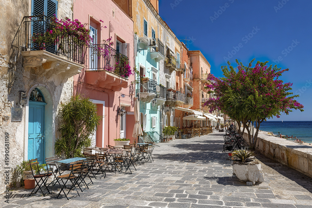 Obraz premium Historic Mediterranean town with pastel facades and lively street cafes along waterfront under clear blue sky, creating charming and vibrant coastal atmosphere