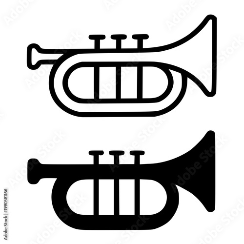 Minimalist trumpet icon in outline and silhouette design