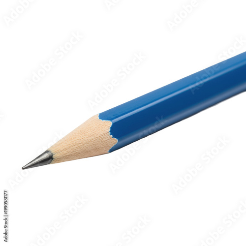 A blue sharpened wooden pencil with a pink eraser and silver ferrule resting on a white studio background, conveying an atmosphere of creative potential
