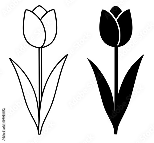 Minimalist tulip flower icon in outline and silhouette design