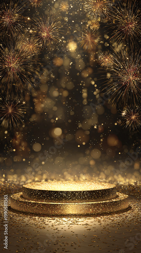 Golden Stage with Sparkling Fireworks for Celebration Events