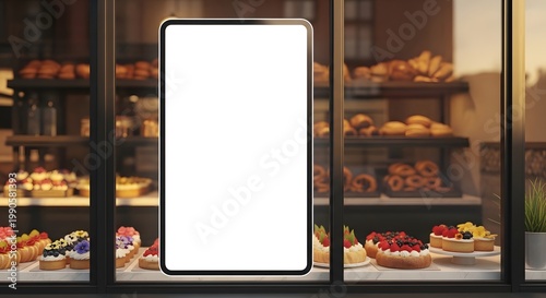 Bright Modern Phone Mockup Display in Bakery Window with Pastries