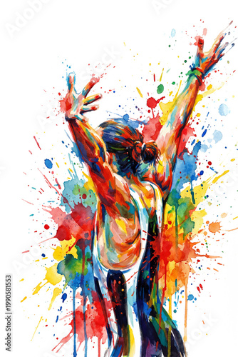 Vibrant digital painting of athlete celebrating victory against white background. Joy and triumph with raised arms in a splash of colorful emotions. 