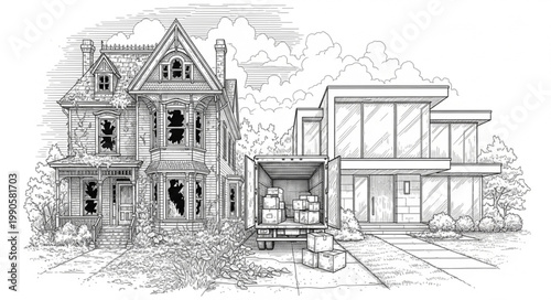 Old Victorian House Next to Modern Contemporary Home.