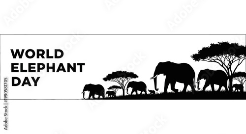 World Elephant Day silhouette banner with African wildlife in savanna landscape.
