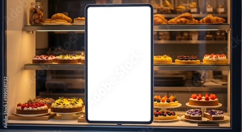 Bright Modern Display Board in Bakery Window Surrounded by Assorted Cakes