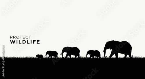 Silhouette illustration of a family of elephants walking across the savannah.