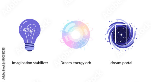 Flat Vector Icons of Imagination, Energy, and Dreams on White Background