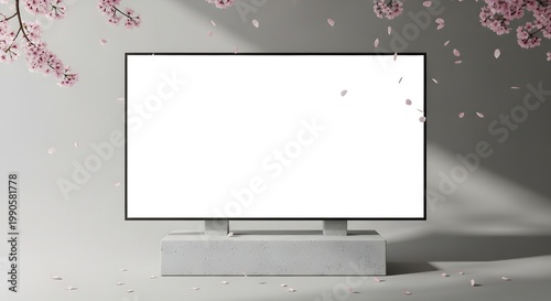 Modern Flat Screen Tv on Concrete Stand with Pink Flower Petals