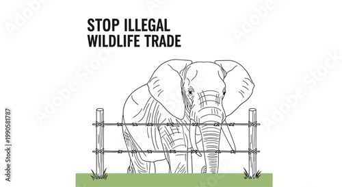 An illustration of an African elephant trapped behind a wire fence with text.