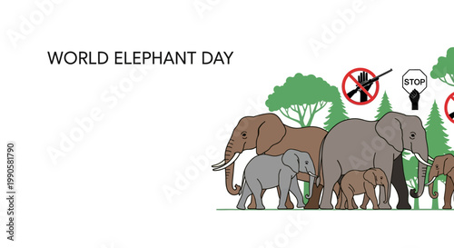 Illustration of a family of elephants representing World Elephant Day conservation.